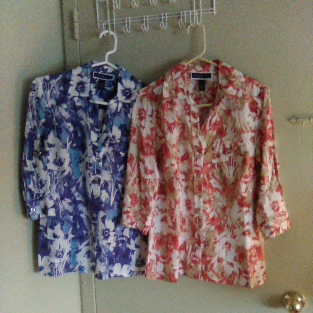 2 NWOT Karen Scott Floral Button-Down Front Pocket Cotton Blouses